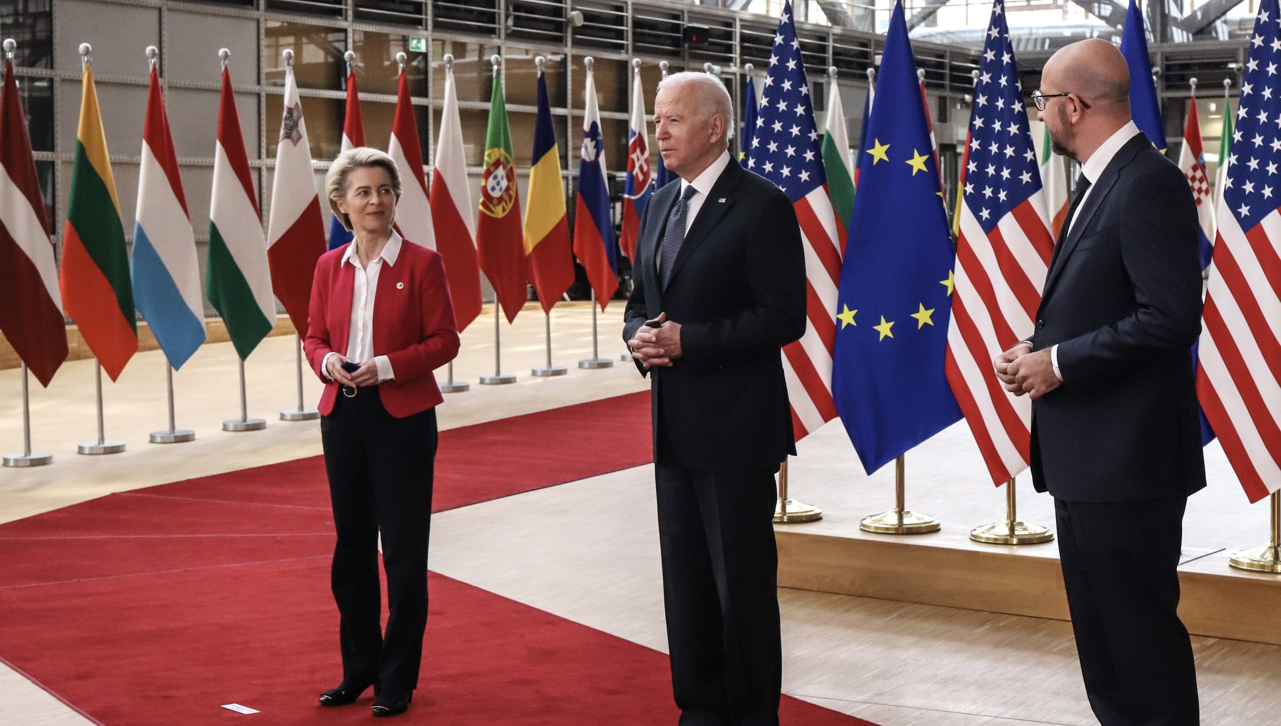 Image: European Council President Charles Michel and European Commission President Ursula Von der Leyen meet US President Joe Biden prior to the EU-US summit at the European Council. Photograph by Valeria Mongelli / Hans Lucas.